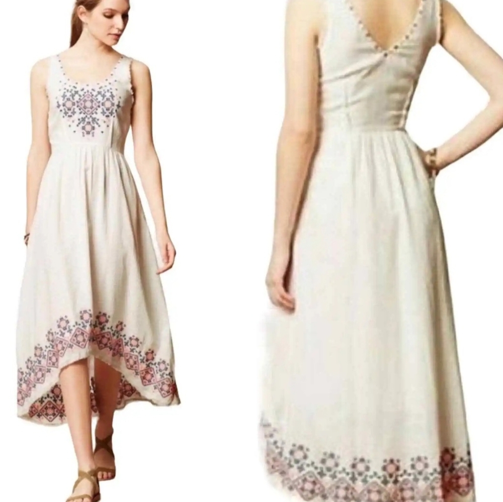 Anthropologie Holding Horses Embroidered Boho White High Low Cotton Dress Size 4